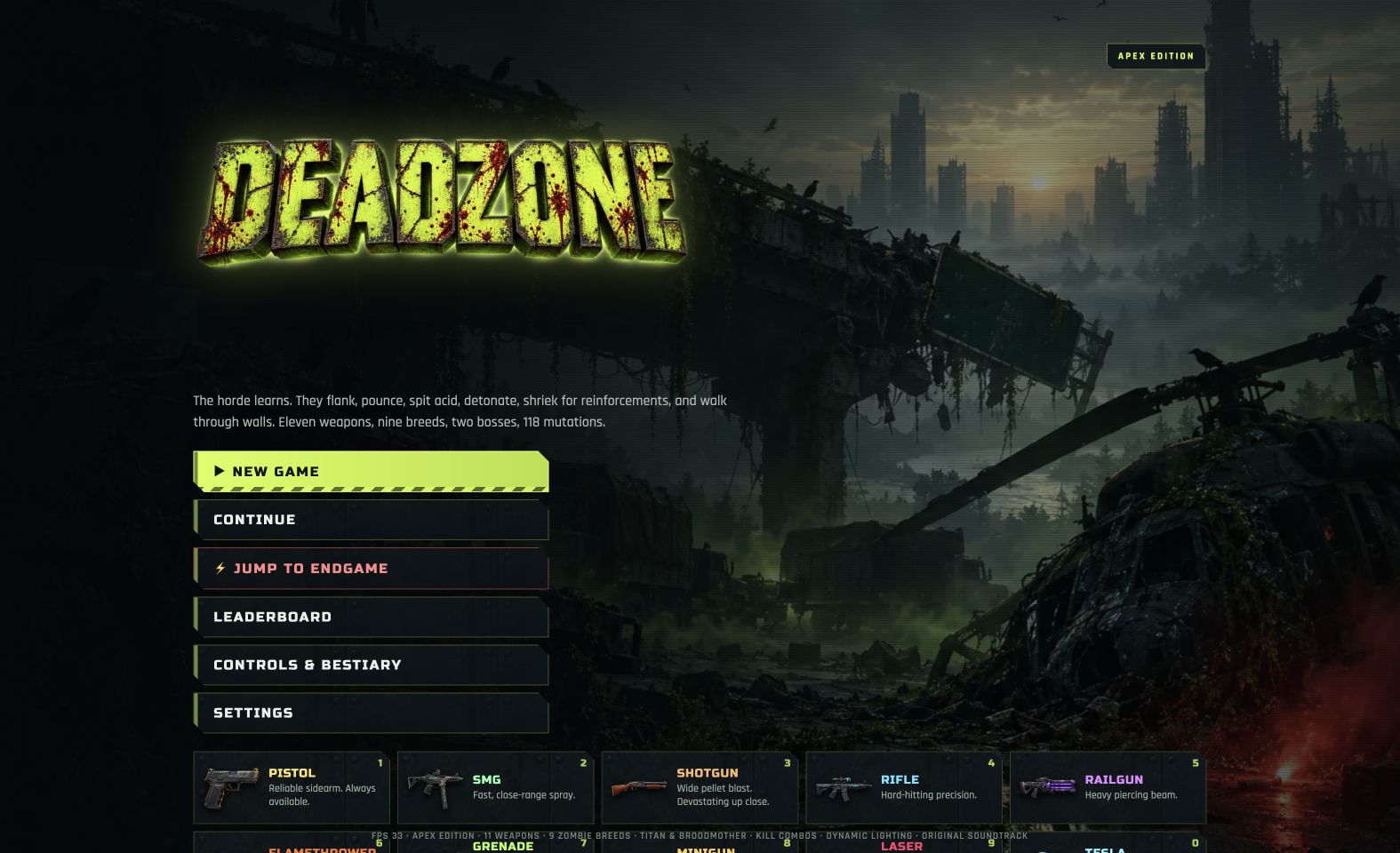 Deadzone’s neon green title screen in a ruined city, with an arsenal of weapons