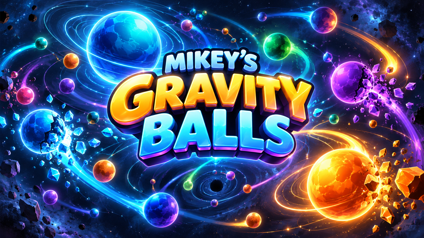 Mikey’s Gravity Balls: colorful glowing spheres orbiting, colliding, and scattering along bright motion trails