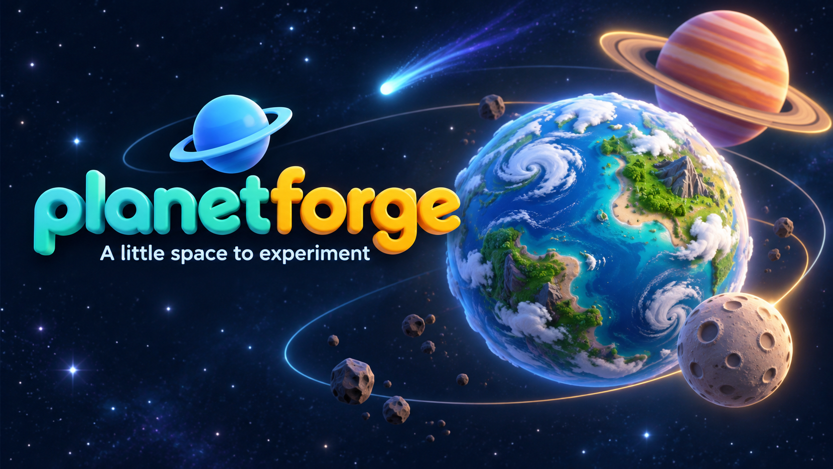 Planet Forge: colorful miniature planets, an orbiting moon, and a glowing comet in a playful cosmic playground